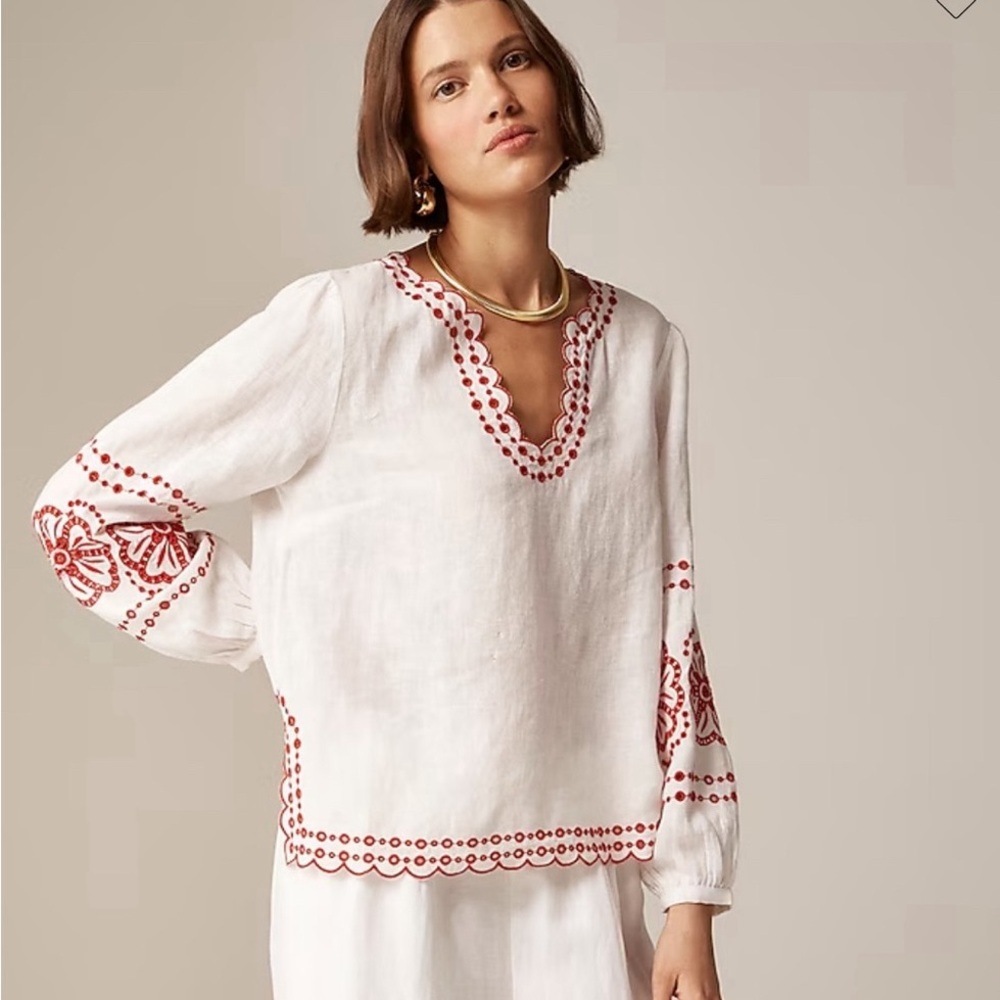 Embroidered V-Neck Linen Blouse - White with Red Detail